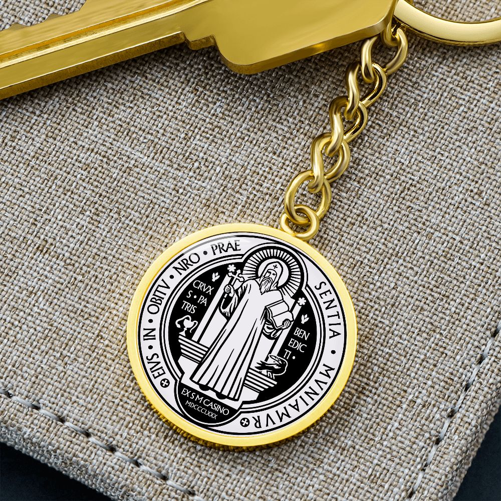 St Benedict medal White Black FRONT Circle Pendant Keychain