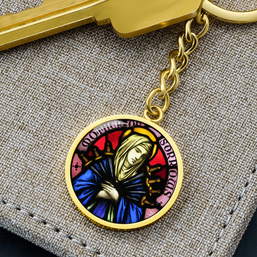 Our Lady of Sorrows 7 Swords Stained Glass Round Circle Pendant Keychain
