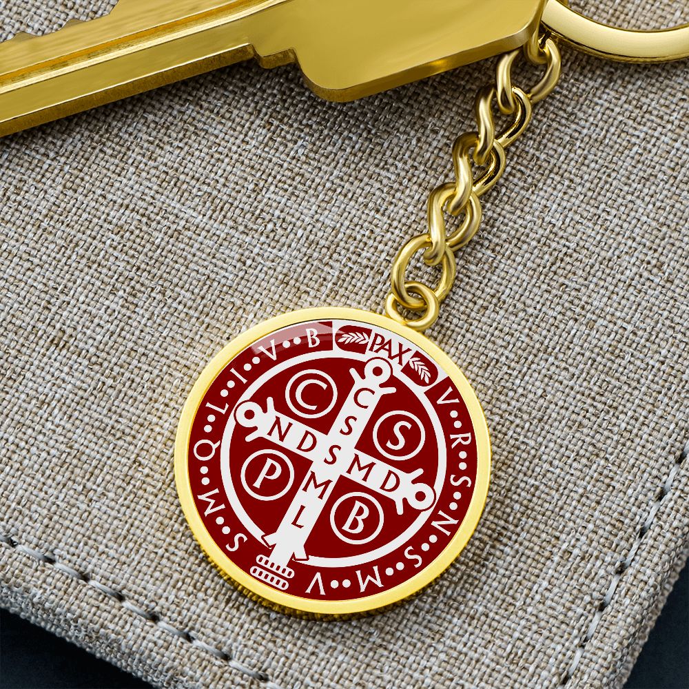 St Benedict medal White Maroon BACK Circle Pendant Keychain