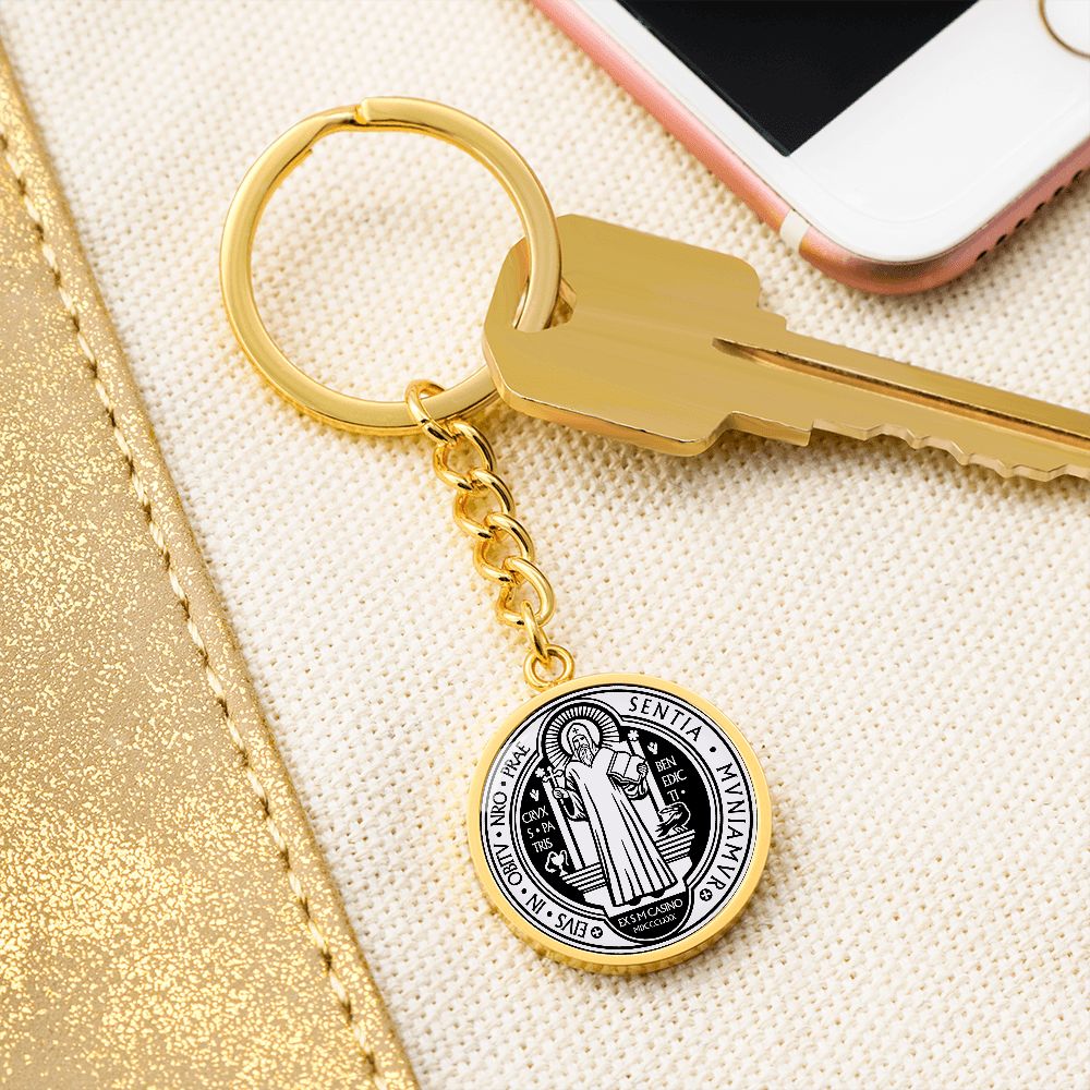 St Benedict medal White Black FRONT Circle Pendant Keychain