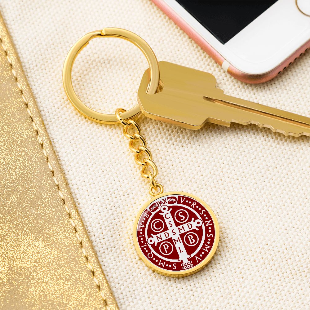 St Benedict medal White Maroon BACK Circle Pendant Keychain