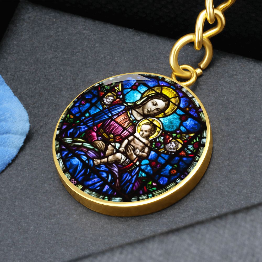 Virgin Mary and Baby Jesus Cropped New za ShineOn Light+6 Graphic Circle Keychain NEW