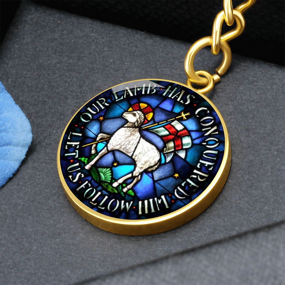 lamb-of god necklace, lamb of god agnus dei pendant necklace, our lamb has conquered let us follow him, lamb of god pendant_artwork_original_artwork Graphic Circle Keychain NEW