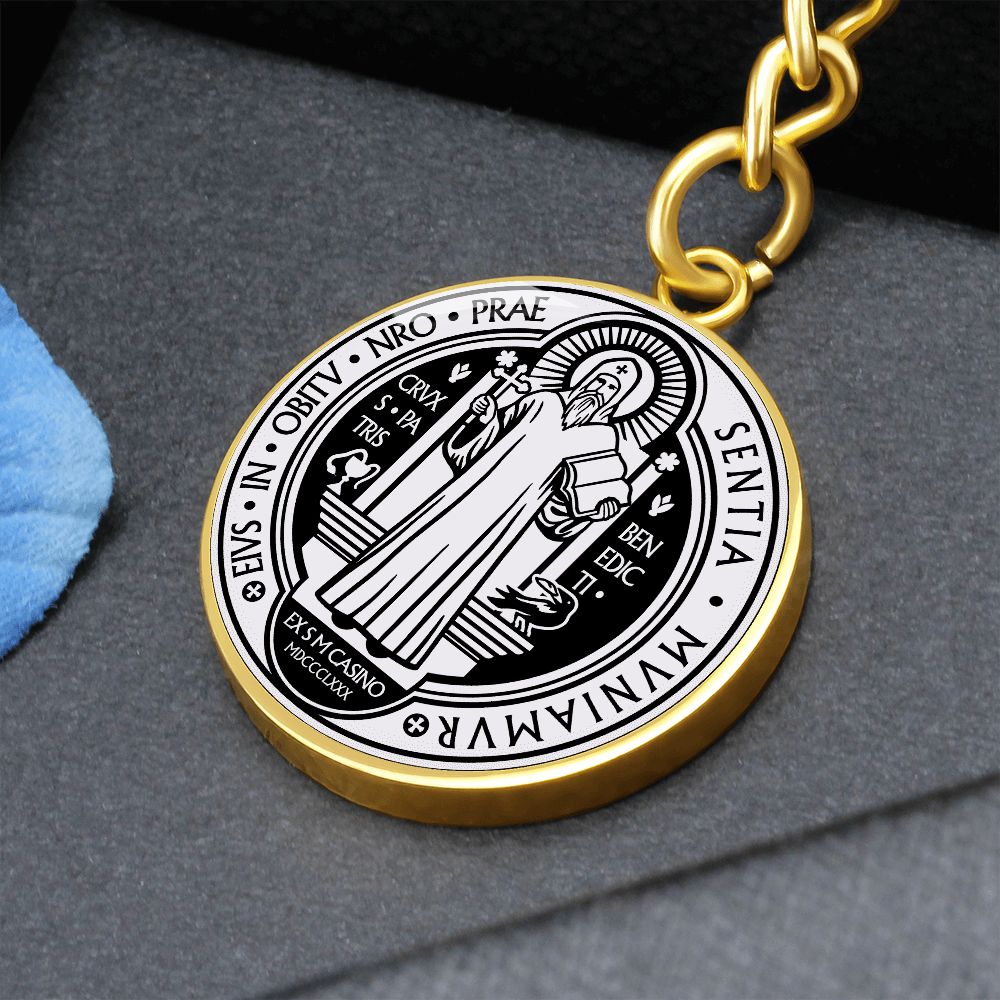 St Benedict medal White Black FRONT Circle Pendant Keychain