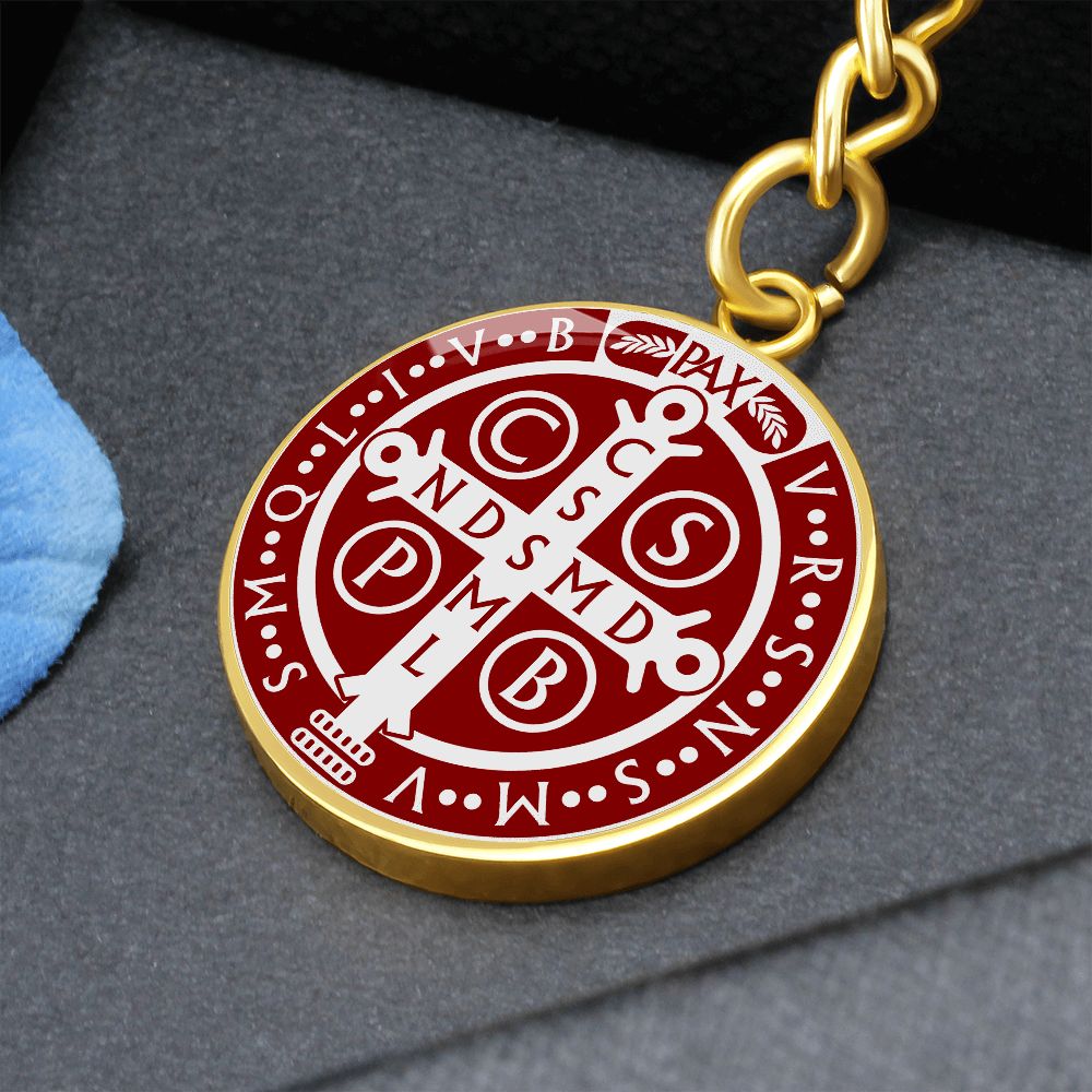 St Benedict medal White Maroon BACK Circle Pendant Keychain